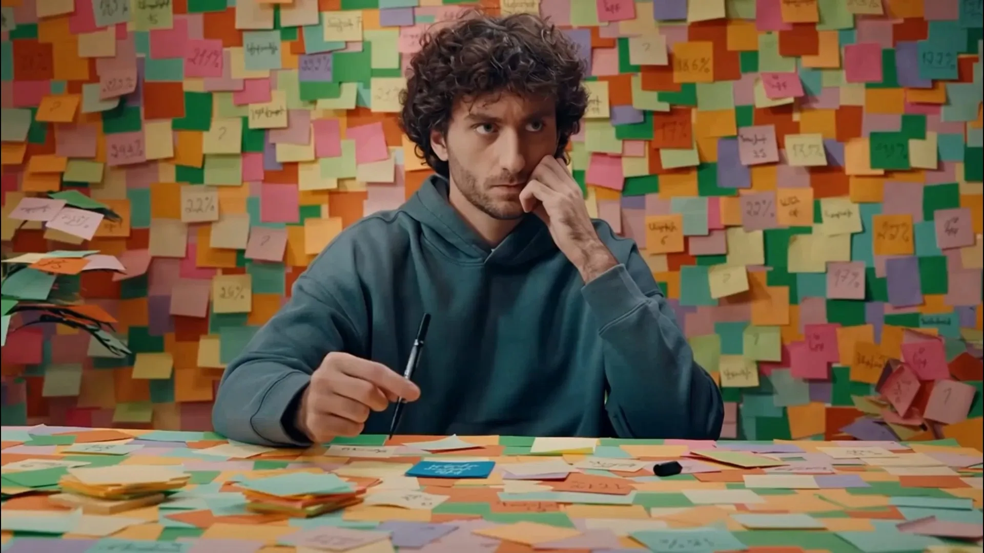 A curly-haired young man in a teal hoodie sits pensively at a desk in front of a wall covered in colourful sticky notes