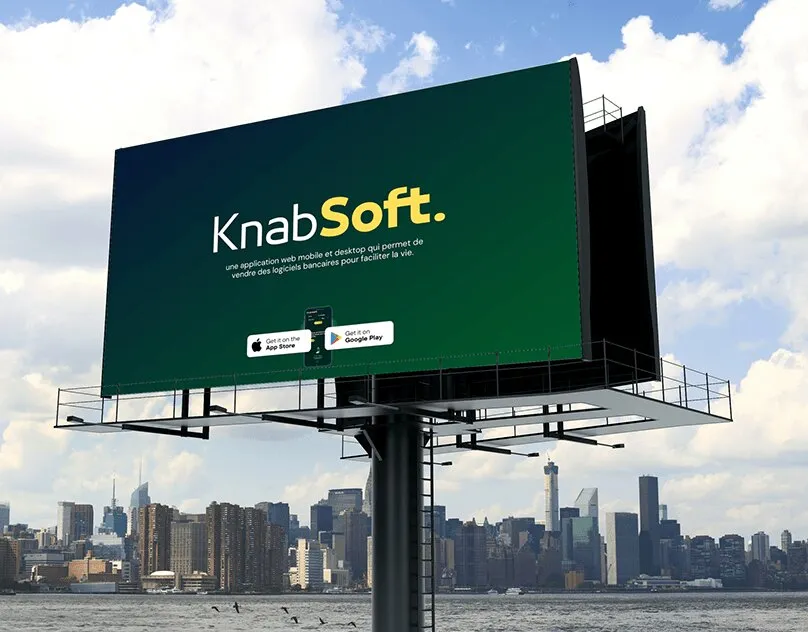 KnabSoft billboard in deep green against a city skyline