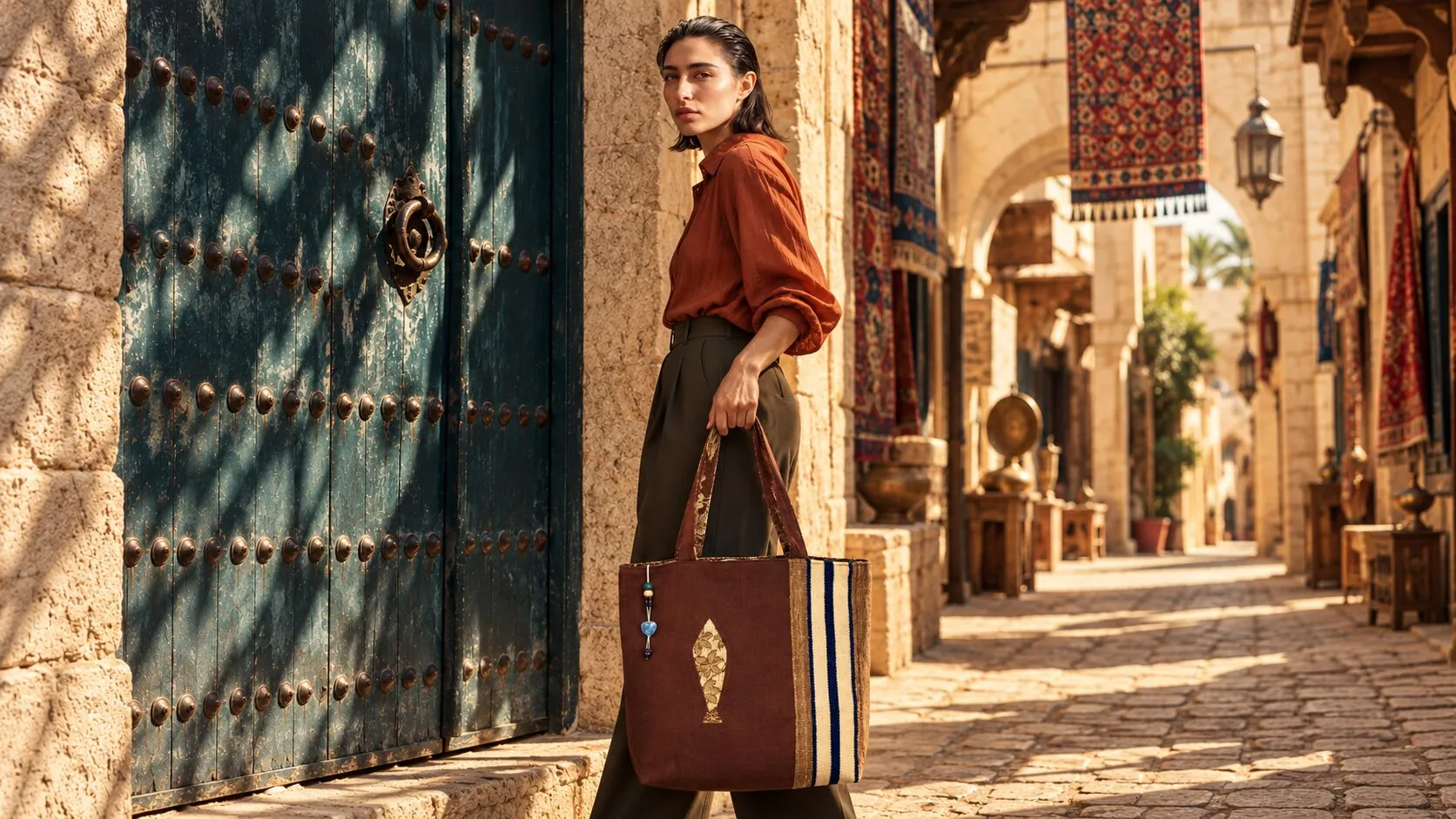 A model in a rust shirt carrying a brown KOULAK-A tote with a gold fish motif past a studded medina door