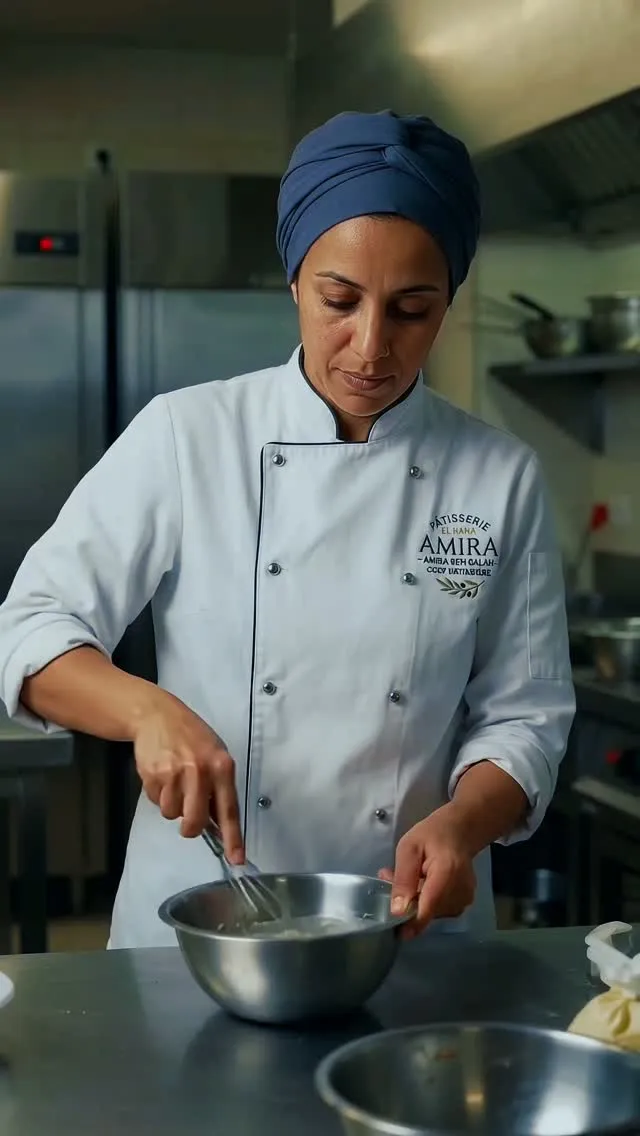 A pastry chef in a white jacket whisks a bowl in a professional kitchen